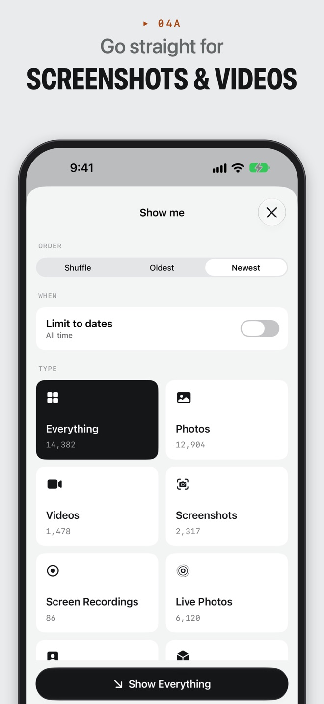 Filtering by screenshots, videos and more